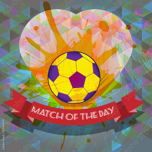 Abstract football and soccer infographic, match of the day text, a playing ball and heart. Digital vector image