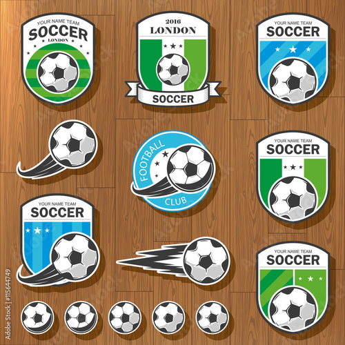 Vector illustration set of logos on football theme, as well as items for the game of football. It can be used as an emblem, logo and template for soccer tournaments.