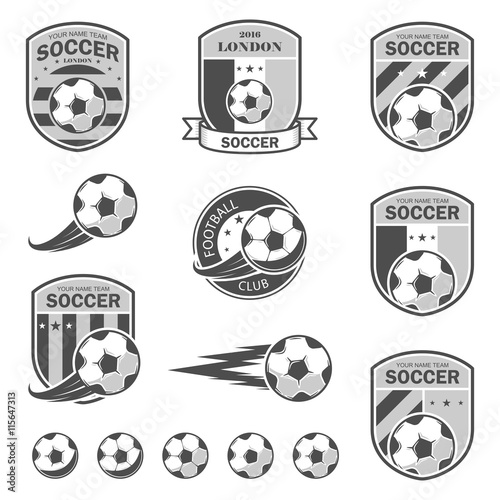 Vector illustration set of logos on football theme, as well as items for the game of football. It can be used as an emblem, logo and template for soccer tournaments.
