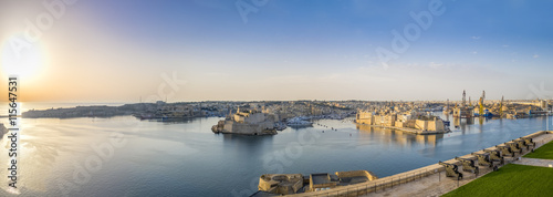 Panoramic view over the Grand Harbour with Saluting Battery cannons, Valletta - Malta