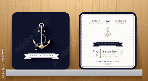 Vintage Nautical Anchors Wedding Invitation Card in Navy Blue Theme