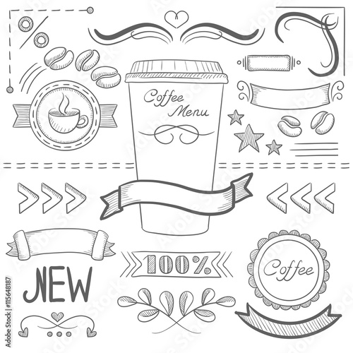Set of labels, ribbons, frames for coffee menu