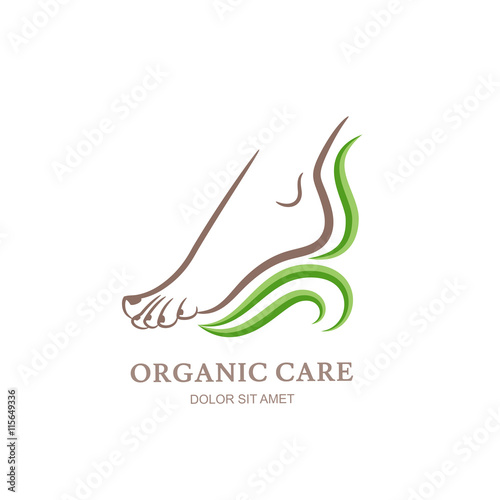 Womens foot in green leaves. Abstract design concept for beauty salon, pedicure, cosmetic, organic care and spa. Vector logo design template.