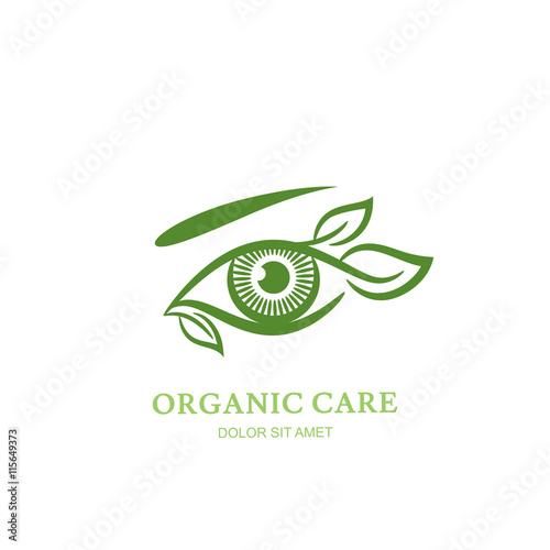 Vector line illustration of human eye with green leaves. Abstract logo, label or emblem design element. Concept for optical, glasses shop, oculist, ophthalmology, makeup. Natural organic eye care. 