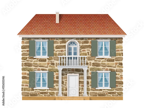 Old country house with a stone wall, white windows and balcony. Traditional facade of the European house. Vector detailed architectural illustration.