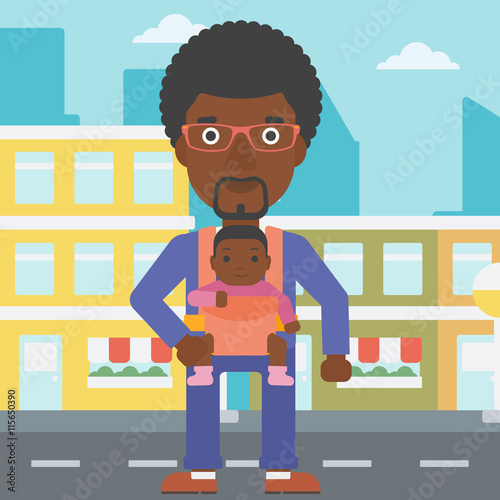 Father carrying his daughter in sling.