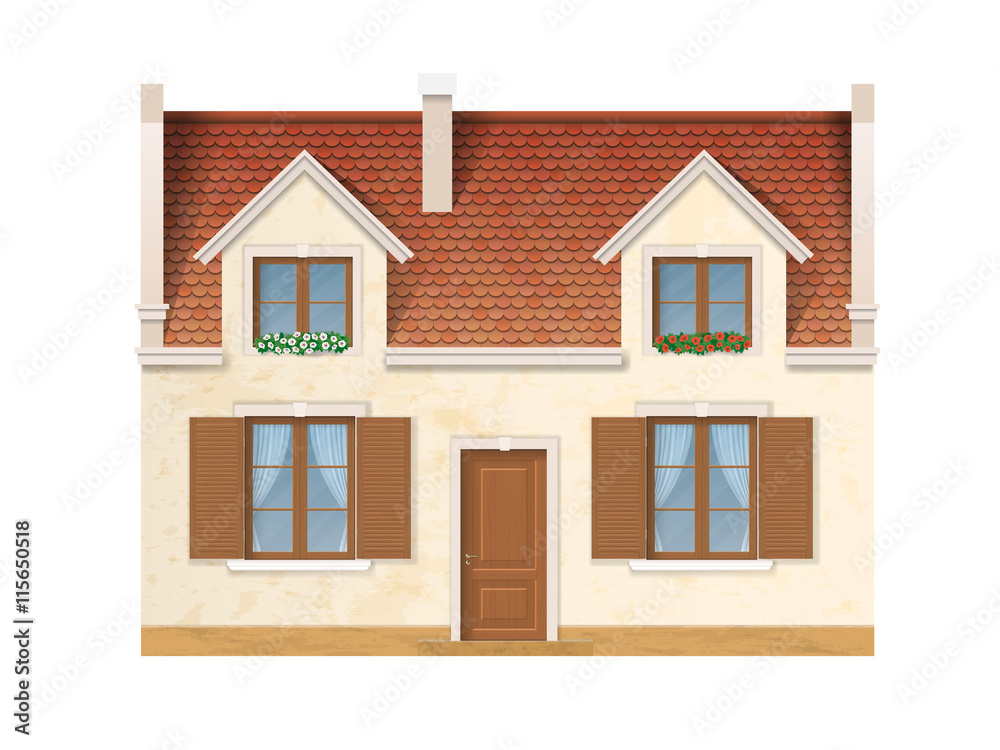 The historic facade of the European house. Windows decorated with flowers. Wooden windows and doors and a red tile roof. Vector detailed architectural illustration. The historic facade of the European house. Windows decorated with flowers. Wooden windows and doors and a red tile roof. Vector detailed architectural illustration.