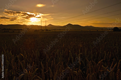 romantic sunset in the region Ceske stredohori in czech landscape with fields, pylons and mountains Milesovka and Lovos photo