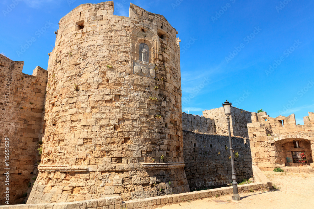 Tower of the Fortifications of the Old Town of Rhodes by the Gate of Saint Paul, Greece.