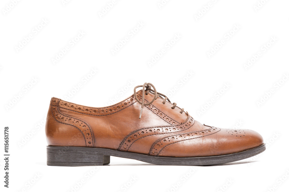 Men's classic brown leather shoes isolated on white background.