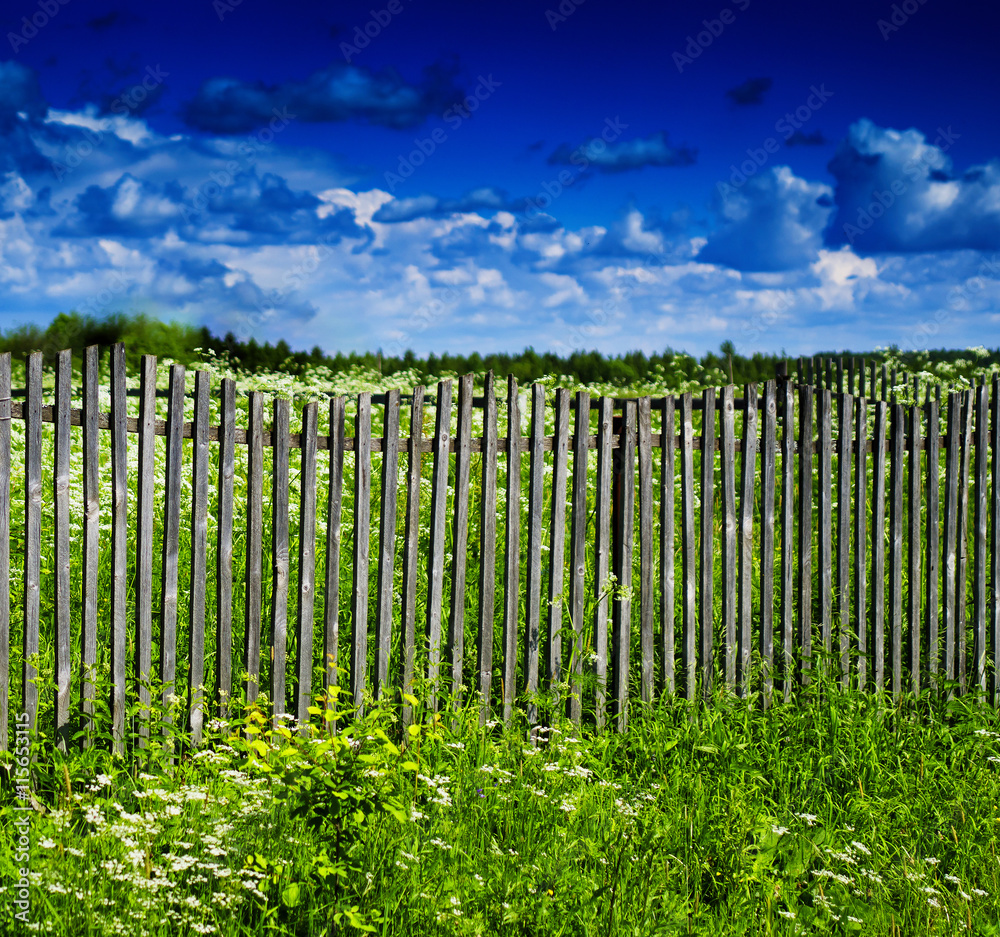 Obraz premium Square vivid summer village fence horizon cloudscape background