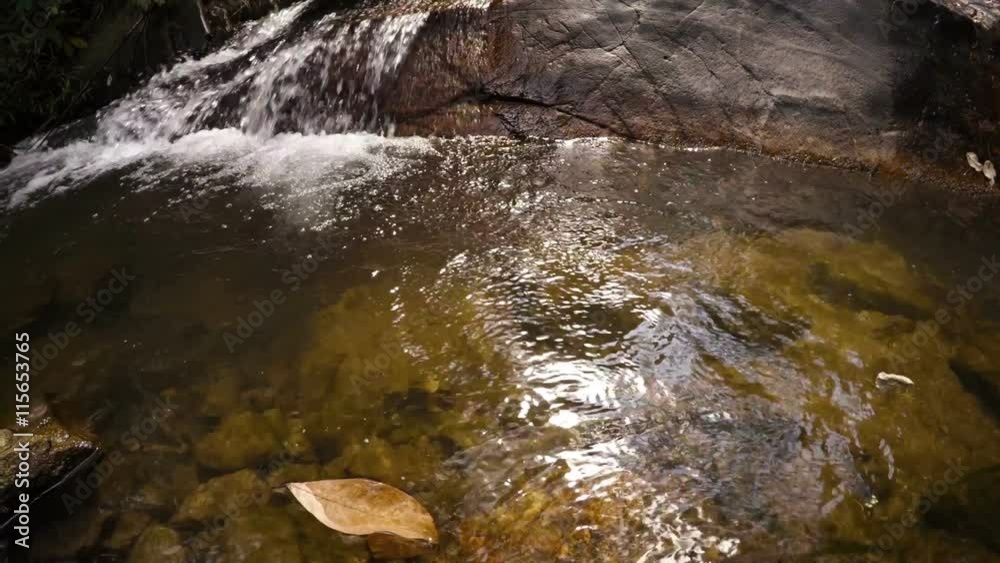 Water pours over slick rocks of a natural waterfall, filling a pool below, as dried leaves float on the current, with sound. Video UltraHD Water pours over slick rocks of a natural waterfall, filling a pool below, as dried leaves float on the current, with sound. Video UltraHD