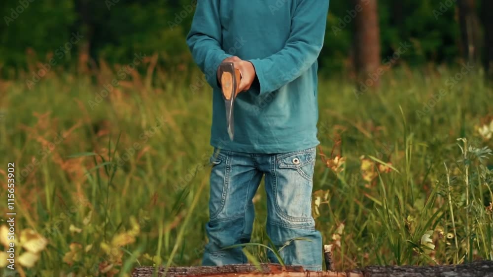 Boy chops wood on forest background Boy chops wood on forest background
