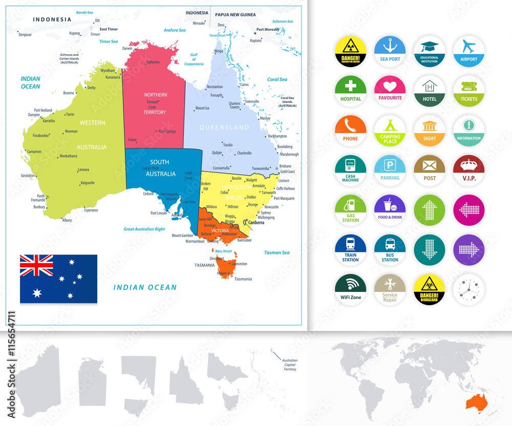 Australia Political Map and Flat Icon Set