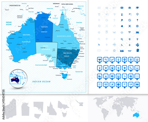 Australia Map in colors of blue with navigation icons