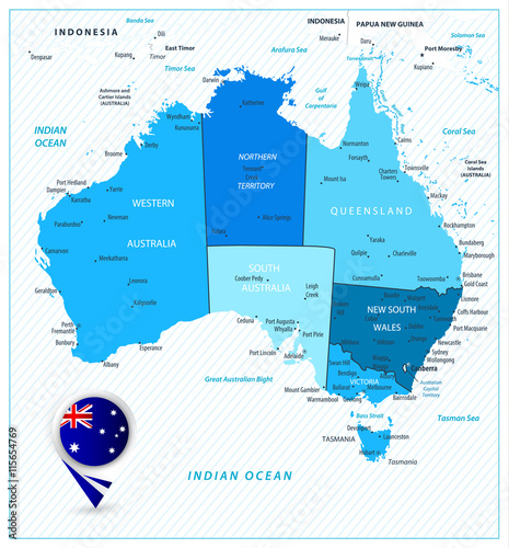 Australia detailed map in colors of blue