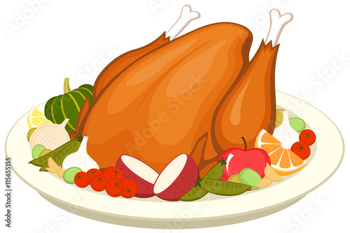 Vector illustration of a cooked turkey on a platter with various vegetables and fruit.