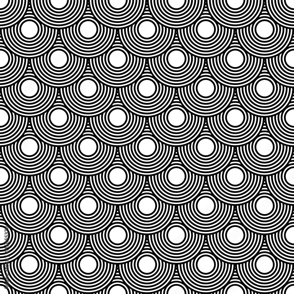 Fototapeta premium Seamless circles pattern black and white repeating blend layers, geometric weaves background round lines hipster