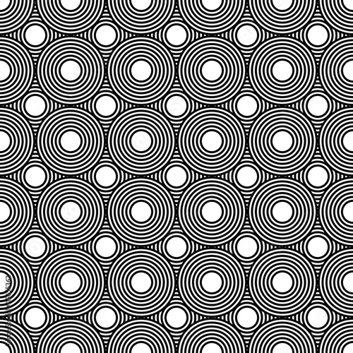 Seamless geometric pattern repeating overlapping rows circles, black and white background linear hipster graphic design