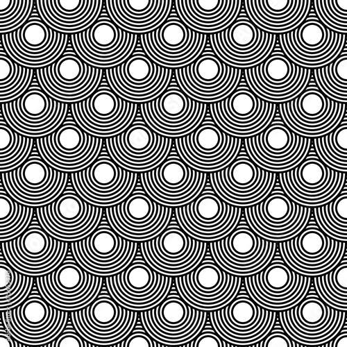 Seamless circles pattern black and white repeating blend layers, geometric weaves background round lines hipster