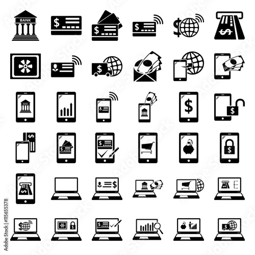 E-Banking. Mobile banking icons set. Pay by mobile. E-commerce. simple icon set on background