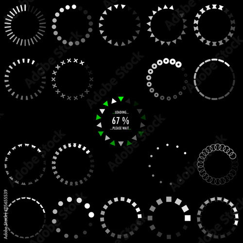 Loading, progress or buffering spinning icons on dark background