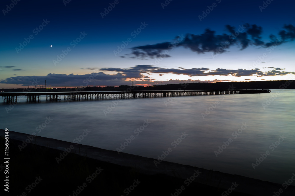 Fototapeta premium Horizontal vivid vibrant sunset pier dock background backdrop