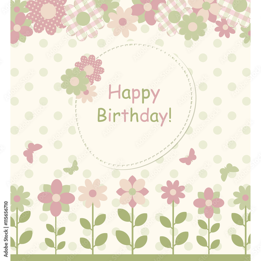 Children's card with flowers and butterflies