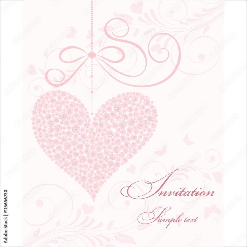Wedding Invitation card with pink hearts and roses