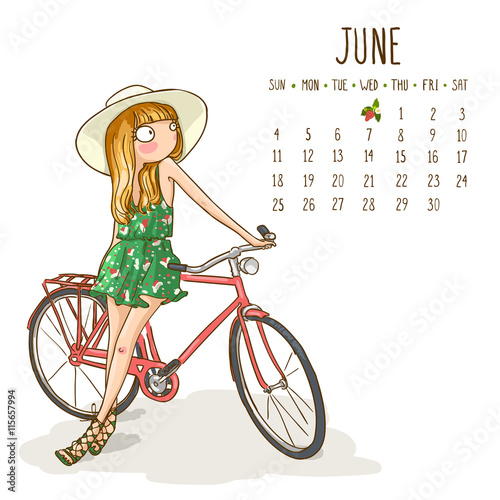 Calendar 2017, june month. Season girls design. Vector illustrat