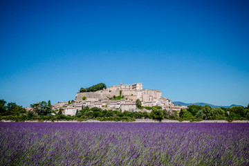 Gartenposter Lavendelblüten Lavendelfelder vor dem Dorf Grignan  © Gerald Villena