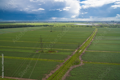 aerial view of high voltage pylons and power lines