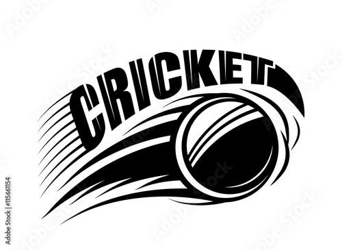 Vector illustration of cricket badge template with flying ball and typography text sign in monochrome simple style. Use for print, web design. Editable
