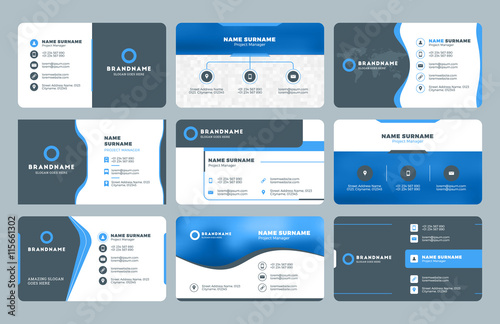 Set of modern business card print templates. Personal visiting card with company logo. Clean flat design. Vector illustration