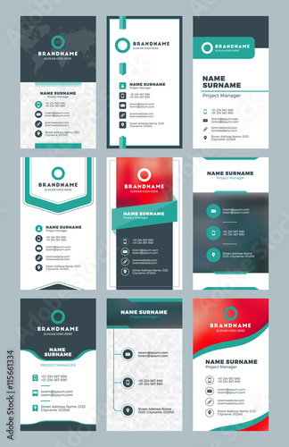 Set of modern vertical business card print templates. Personal visiting card with company logo. Clean flat design. Vector illustration