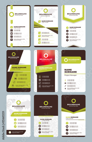Set of modern vertical business card print templates. Personal visiting card with company logo. Clean flat design. Vector illustration