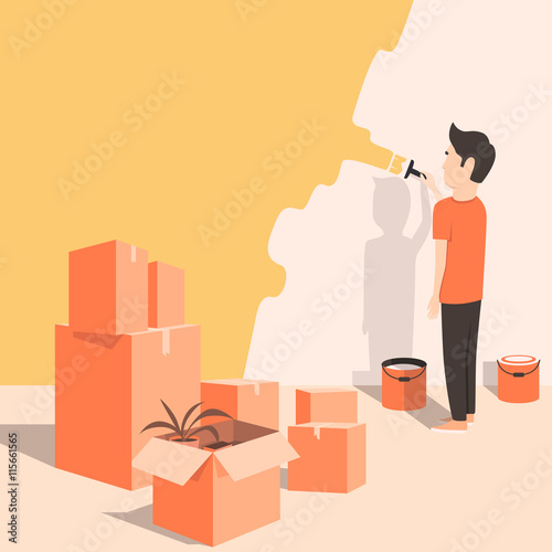 Man paints the wall at home. Cartoon style. Vector illustration