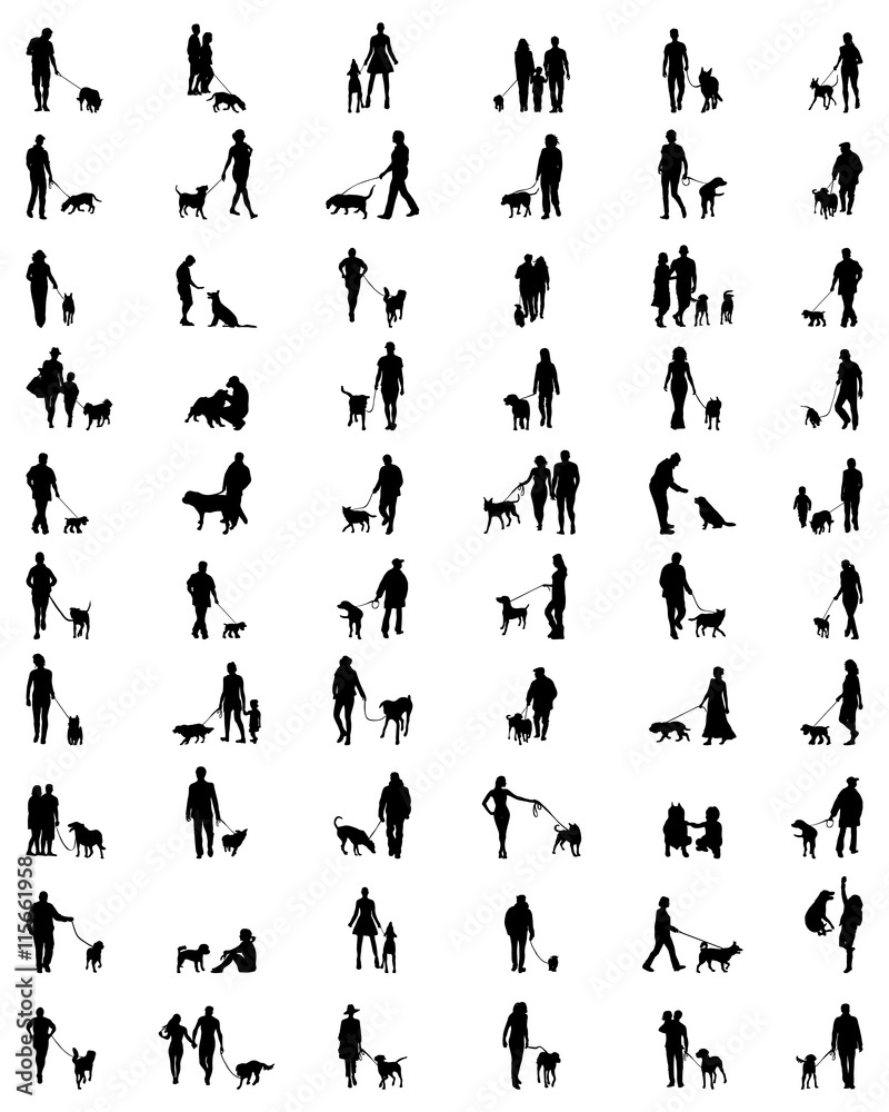 Black silhouettes of people with dogs, vector