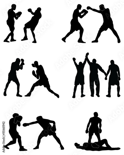 Black silhouettes of boxers in fight, vector 