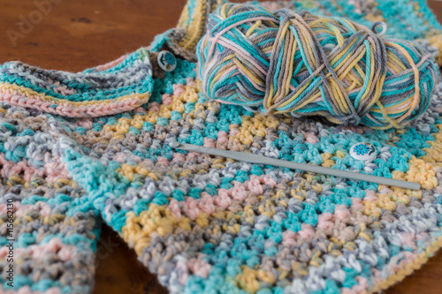 Handmade crocheted baby sweater with yarn and hook © V. J. Matthew
