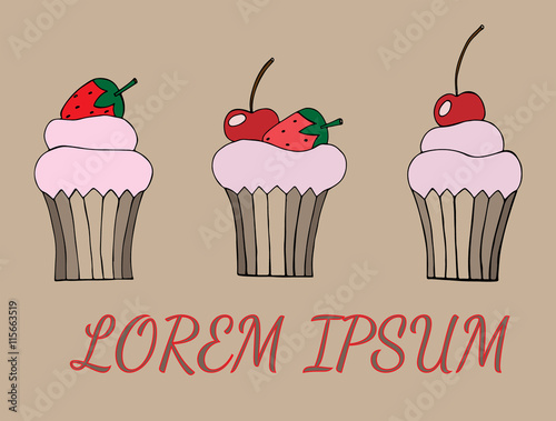 Different cartoon cupcake with strawberry and cherry