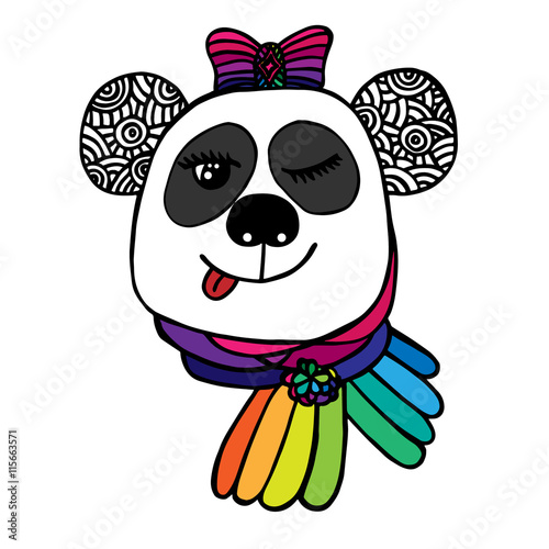 Fototapeta Naklejka Na Ścianę i Meble -  Multicolor head of smile Panda with bow color of rainbow