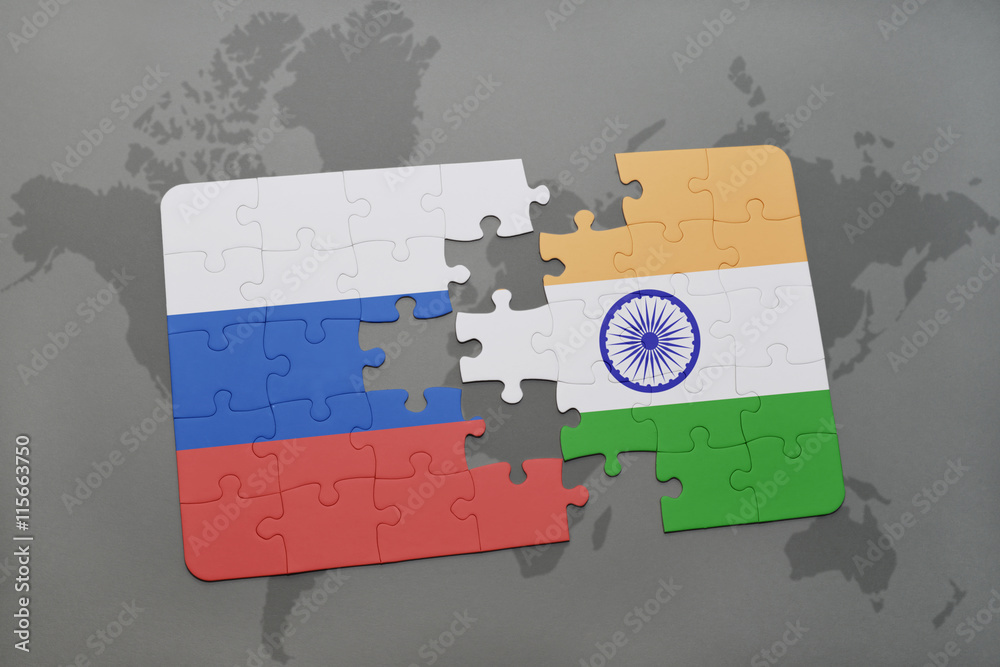 puzzle with the national flag of russia and india on a world map ...