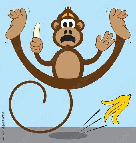 Cartoon Monkey Slipping on Banana Peel