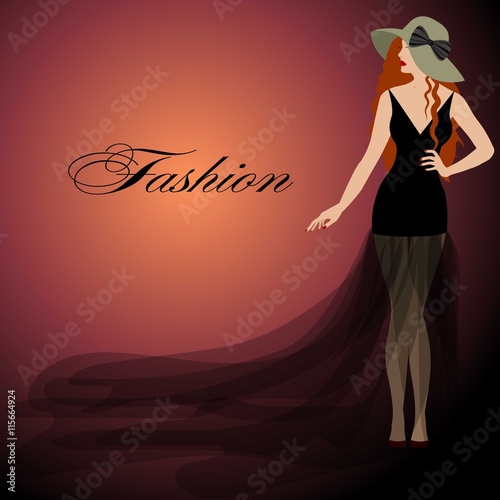 girl with red hair, black dress,  lips. Hat  bow.