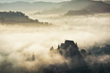 Misty morning over Biertan village, Transylvania, Romania