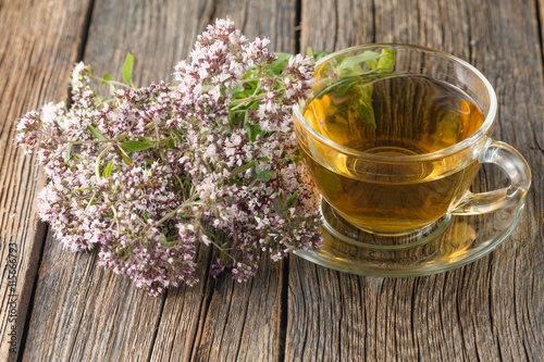 Glass of tea and oregano herb
