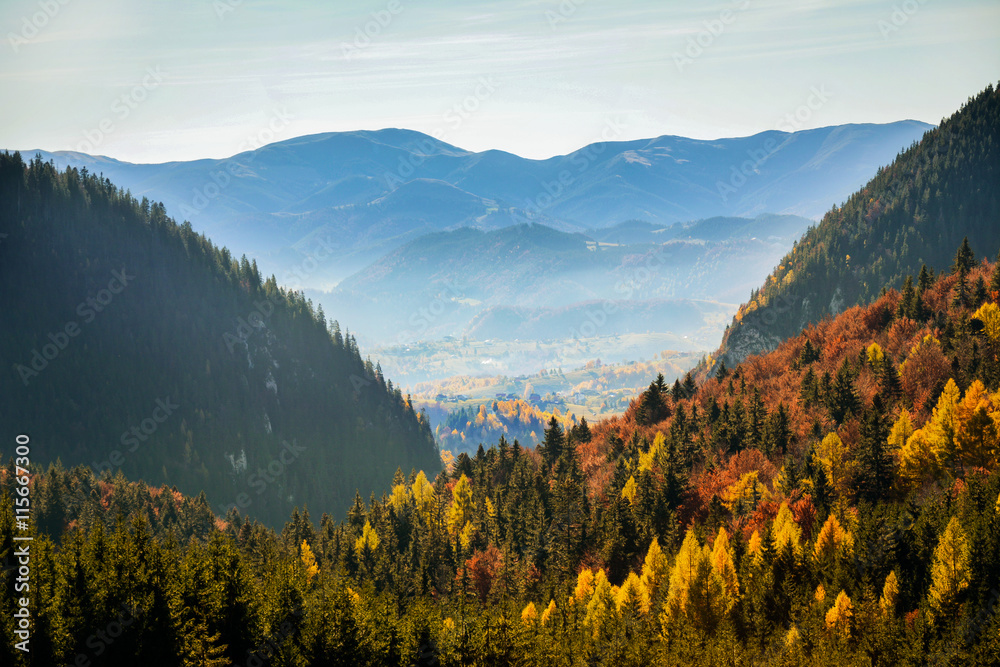 Colorful autumn landscape in the mountain village Magura, morning in the Carpathian mountains. Romania, Europe.