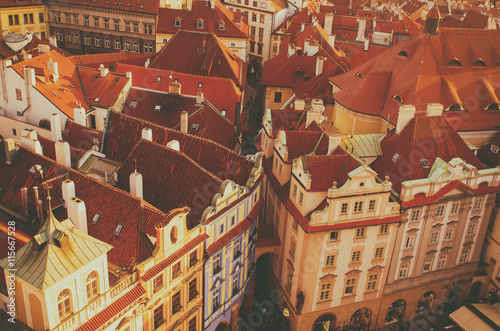 Red Prague roofs - view from the City Hall, travel european vintage hipster background