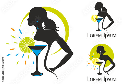 Vector illustration of woman silhouettes with a cocktail on white background. Night club theme.